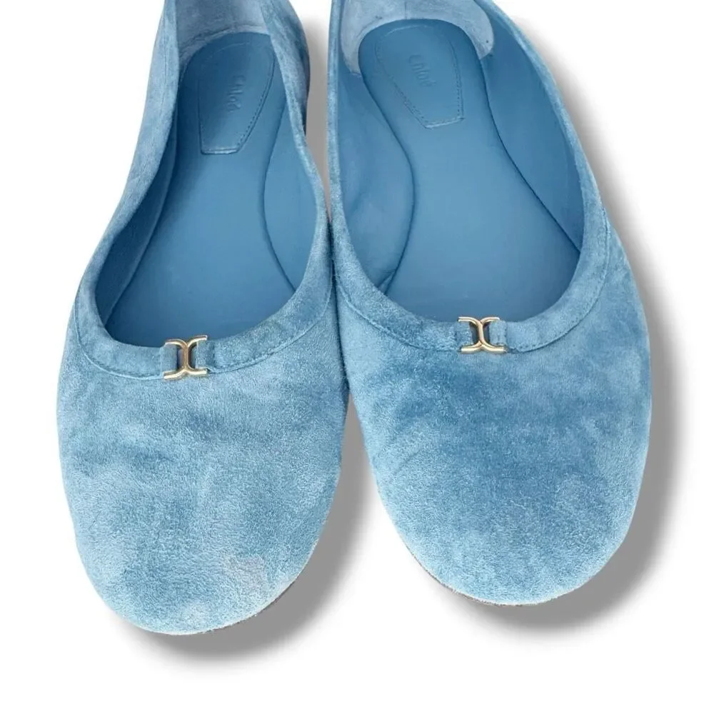 Chloé Marcie Blue Suede Ballerina Flats Small Gold Logo Women’s Size 36.5 (US 6)
